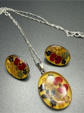 Sterling Silver  Floral Resin Pendant Necklace and pierced Earrings